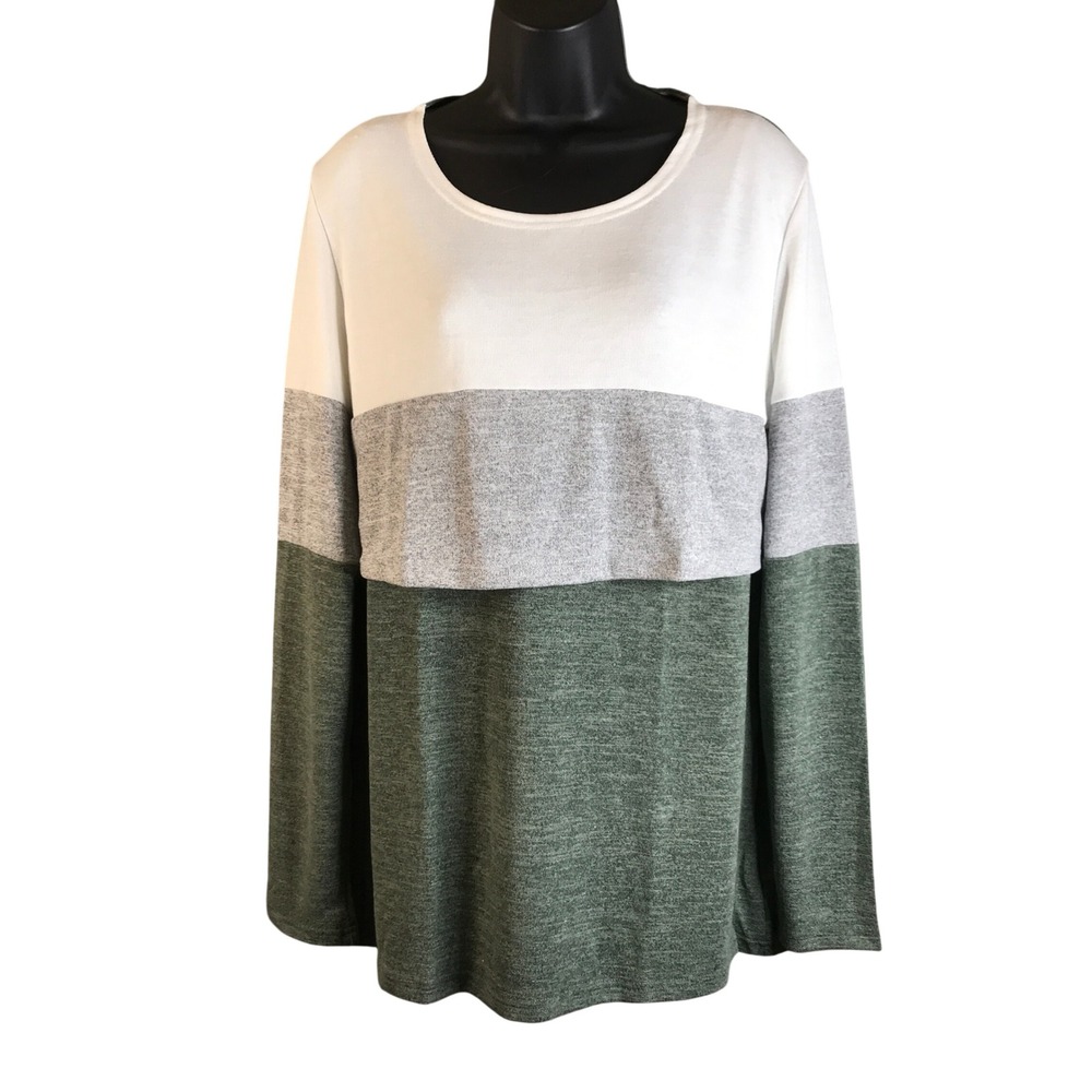 Bearsland Women XL Maternity Nursing Top Colorblock Long Sleeve Green Grey White